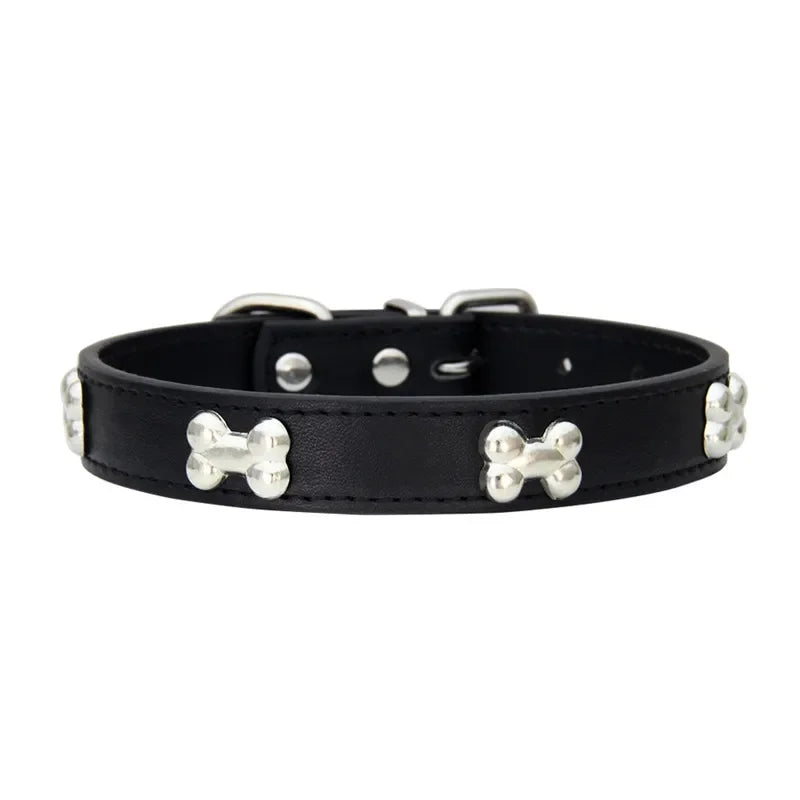 Durable Leather Dog Collar with Bone Design for Small to Large Dogs