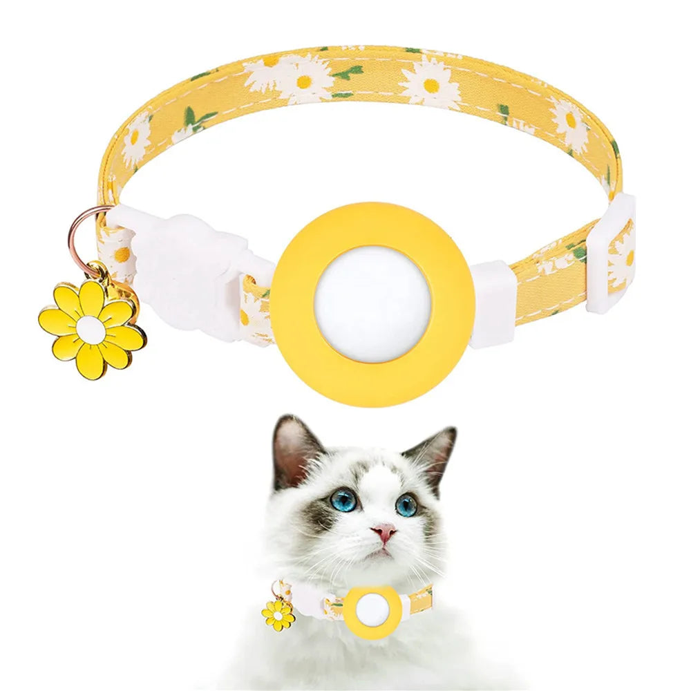 Collier de chat sécurisé avec support AirTag marguerite et grelot