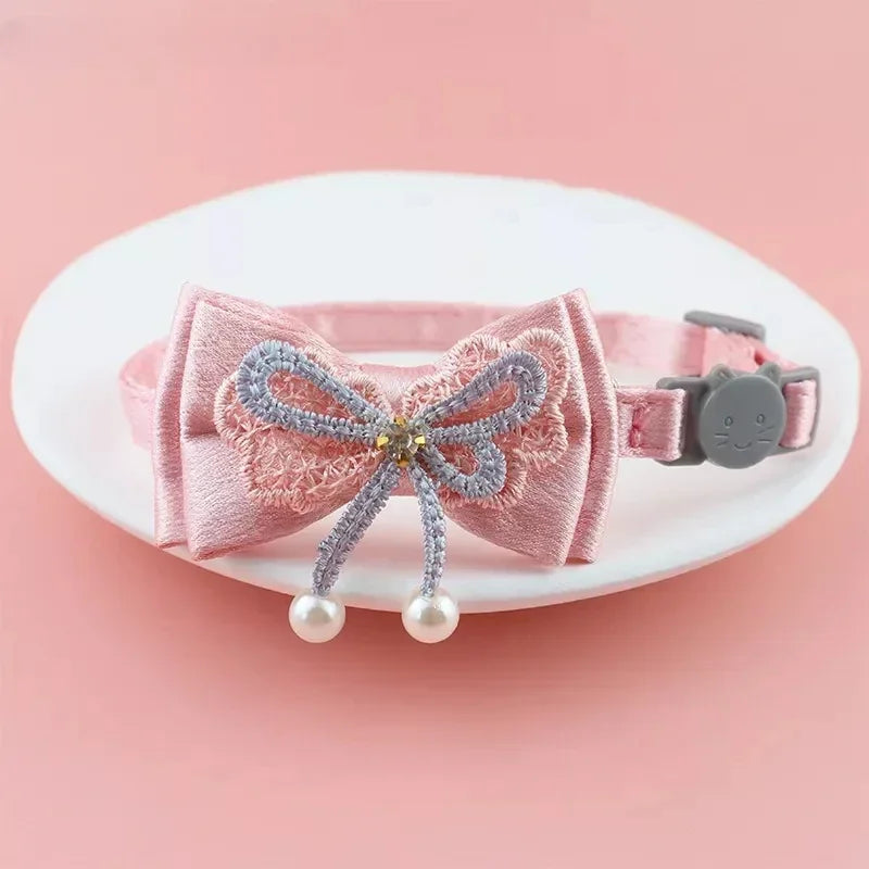 Pink Lace Bow Pet Collar with Bell for Cats and Small Dogs