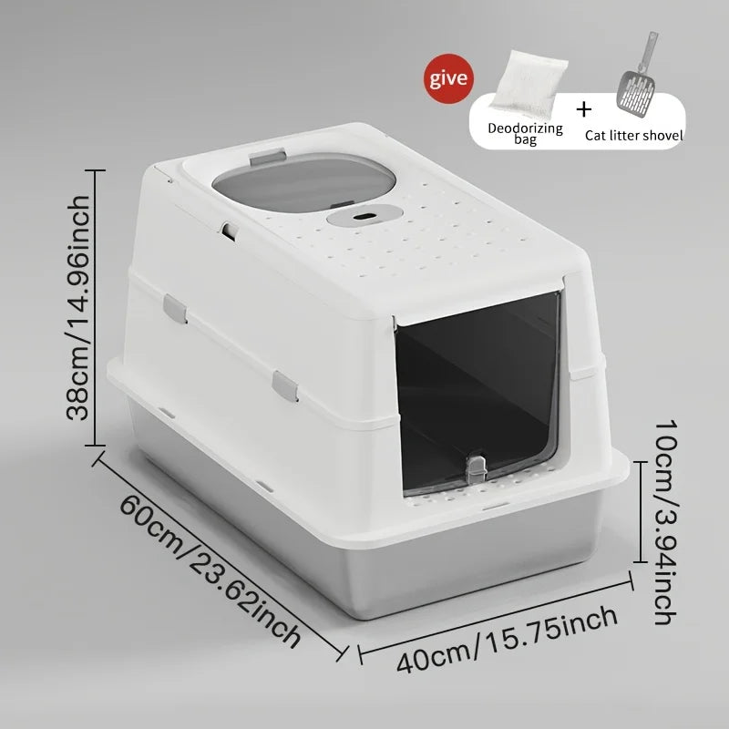 Enclosed Stainless Steel Cat Litter Box with Flip Cover & Non-Slip Mat