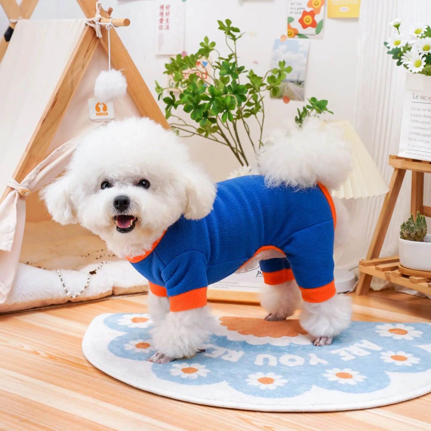 Fleece Dog Jumpsuit Hoodie with Leash Ring — Warm Winter Coat for Dogs & Cats