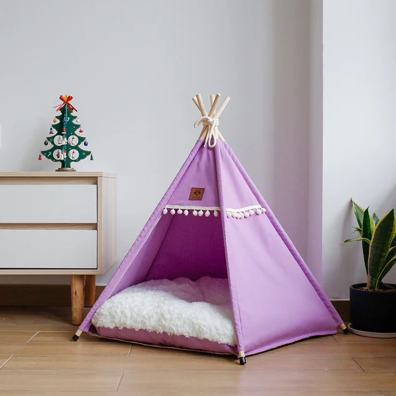 Indoor Pet Teepee Tent Bed with Thick Cushion – Canvas, Washable