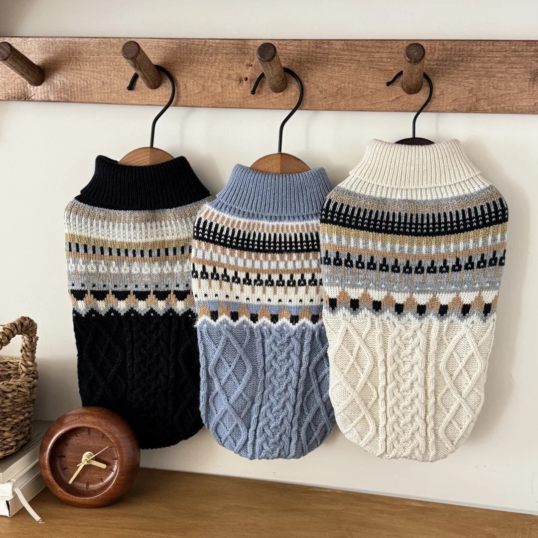 Vintage Print Dog Sweater for Small & Medium Dogs — Navy, Blue & Beige