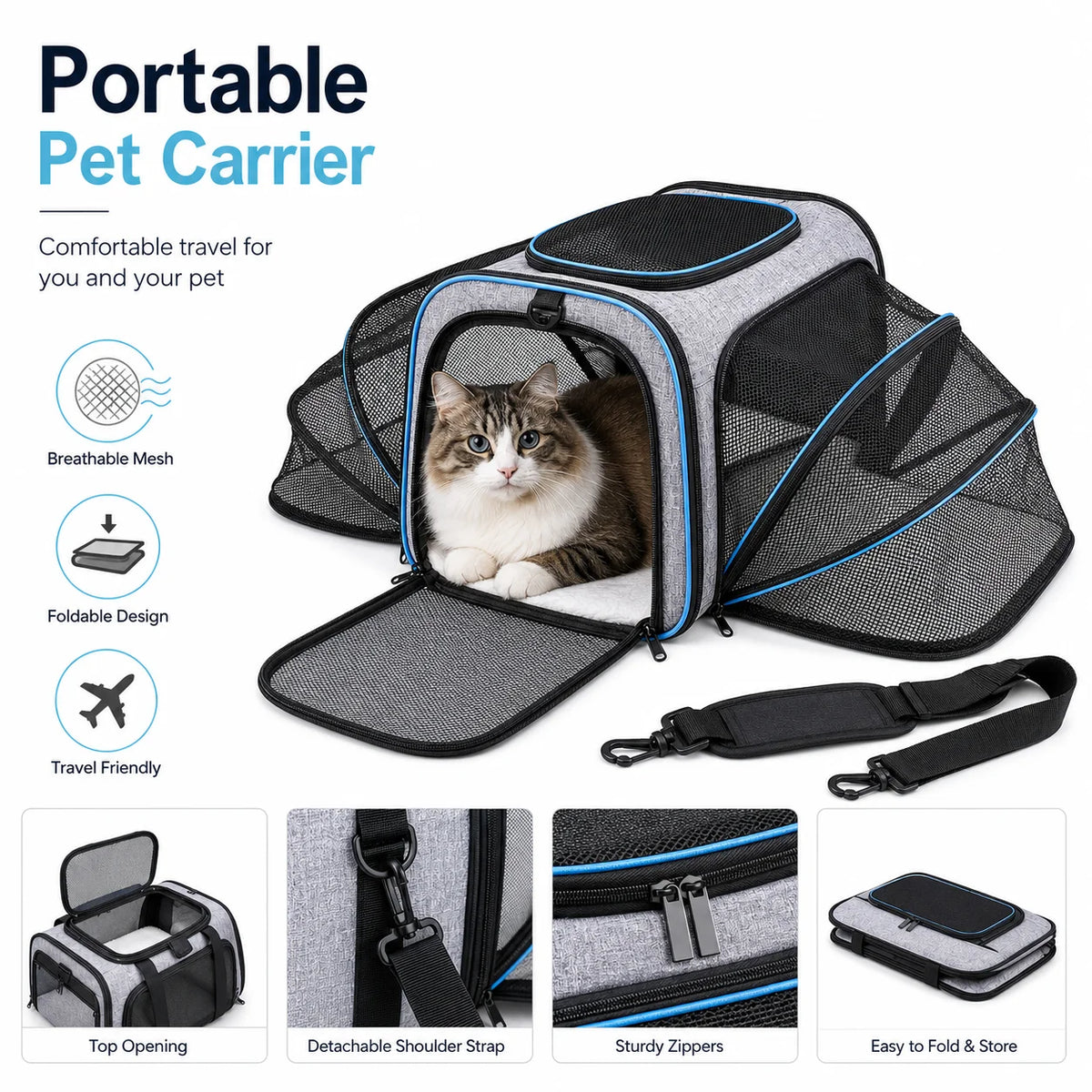 Double-Expandable Pet Carrier with Removable Cushion
