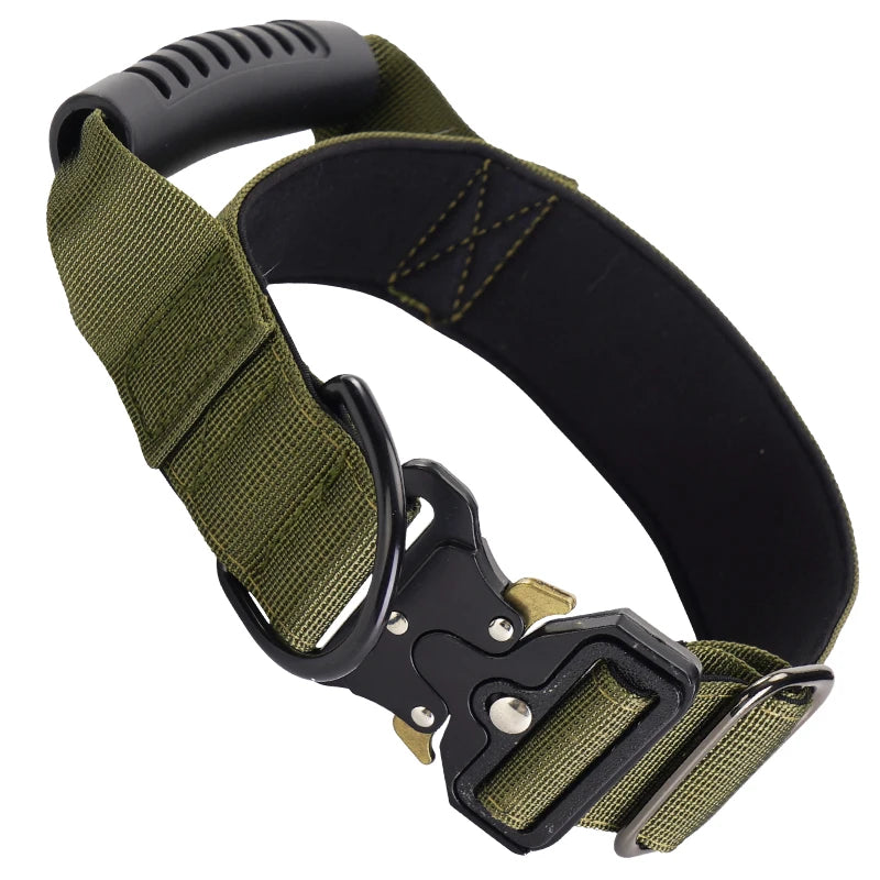 Heavy Duty Tactical Dog Collar with Handle — Metal Buckle Training Collar for Medium & Large Dogs