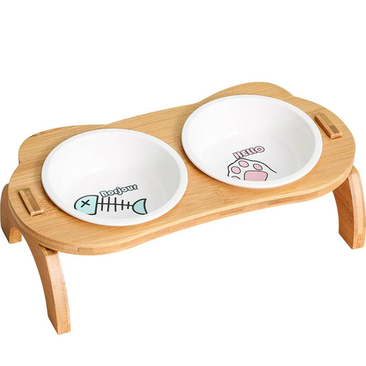 Elevated Cat Bowls - Raised Bamboo Food & Water Bowls for Cats & Small Dogs