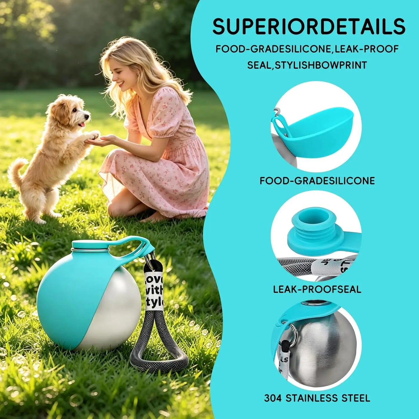 2-in-1 Stainless Steel Dog Water Bottle with Foldable Bowl