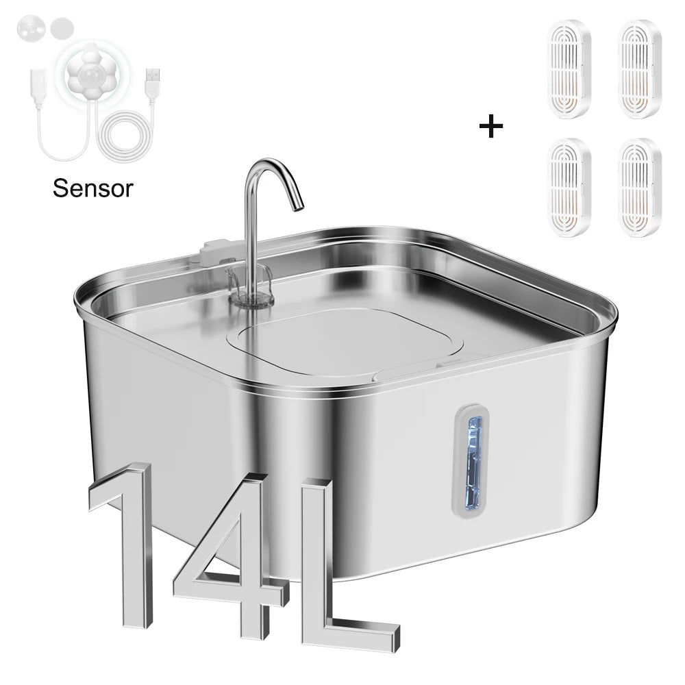 14L Large Capacity Stainless Steel Pet Water Fountain with Filter