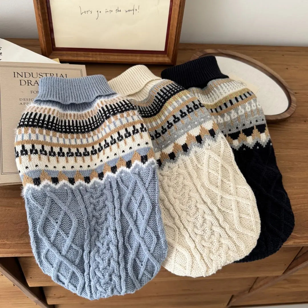 Vintage Print Dog Sweater for Small & Medium Dogs — Navy, Blue & Beige