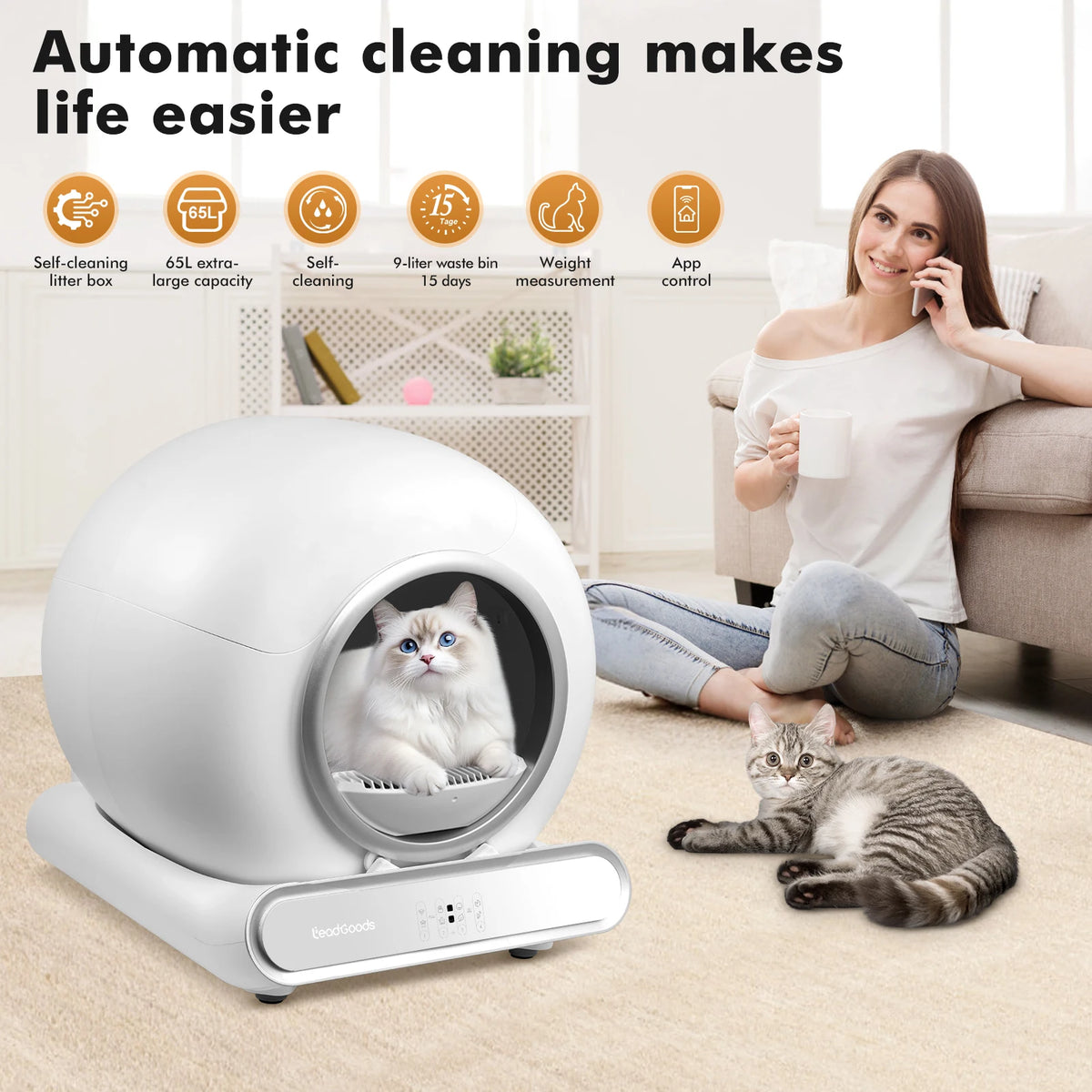 65L Self-Cleaning Cat Litter Box | Wi-Fi & App Control | Ozone Odour Control | UK Plug