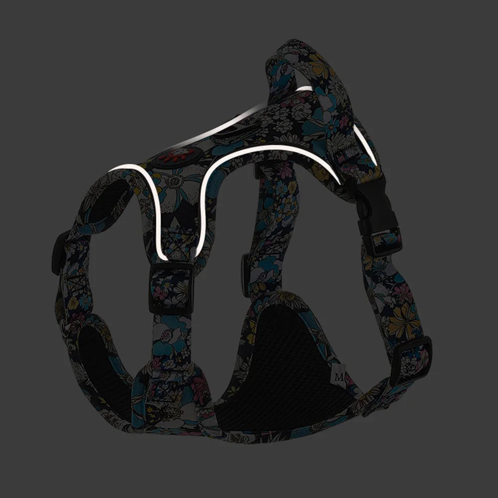 Floral Print Dog Harness & Lead Set with Reflective Strips