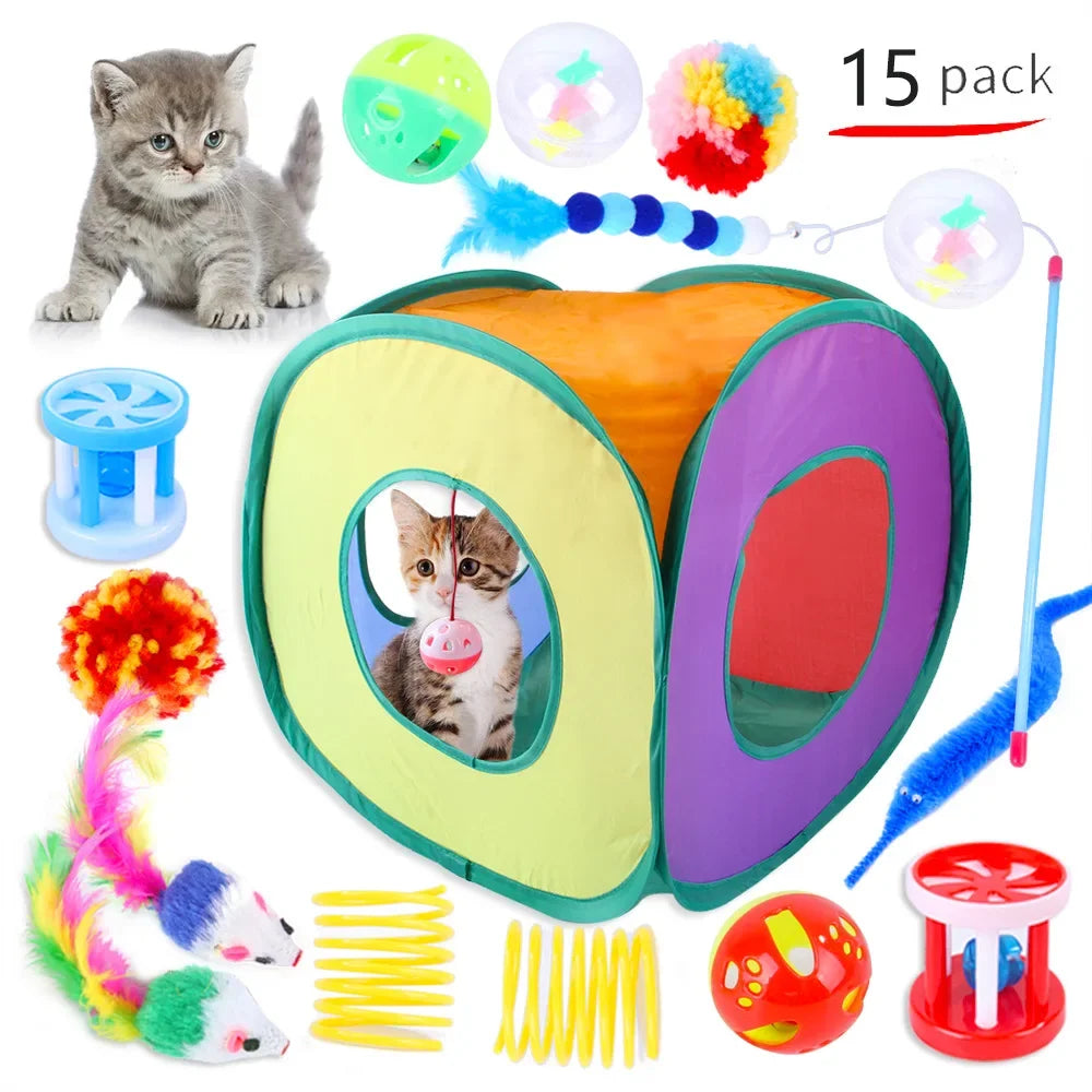 Foldable Cat Play Tunnel Tent - Interactive Toy with Balls & Mouse