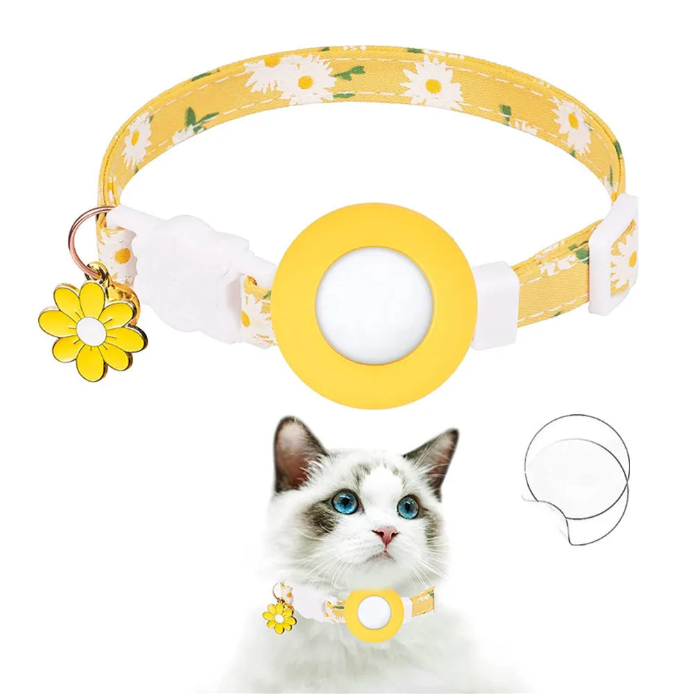 Collier de chat sécurisé avec support AirTag marguerite et grelot