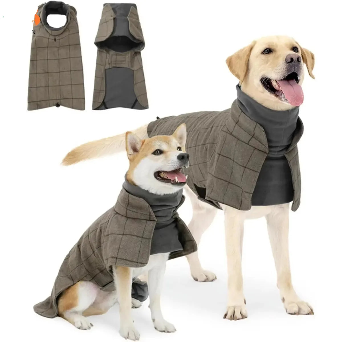 Dog Winter Coat - Plaid Fleece Vest Windbreaker with Harness Eyelets