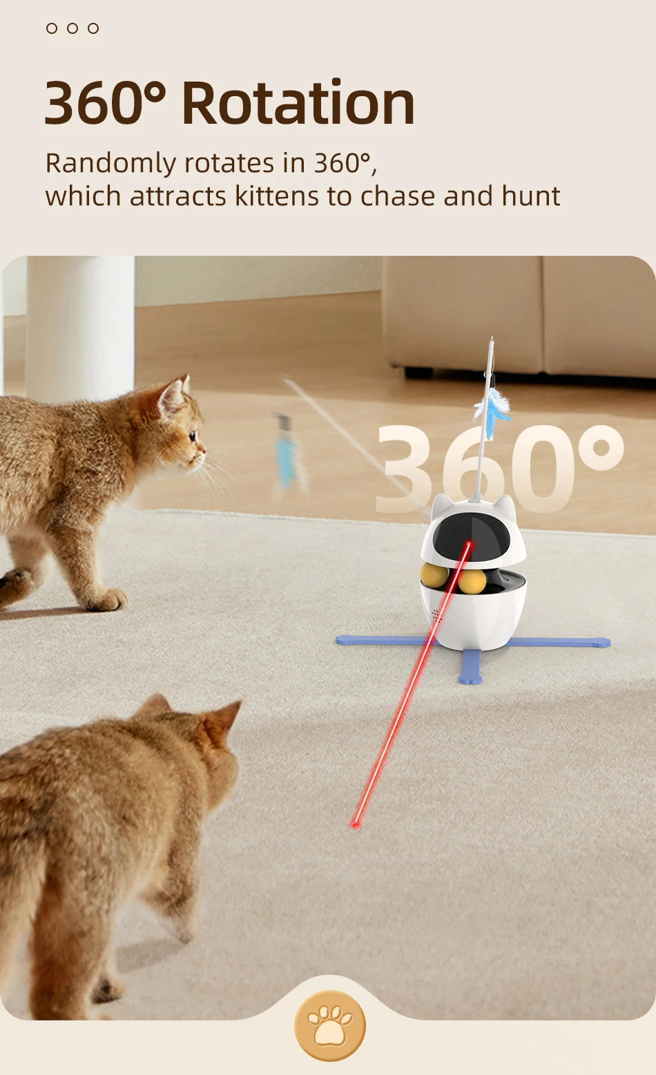 3-in-1 Smart Cat Toy with 360° Laser & 3 Replacement Feather Teasers