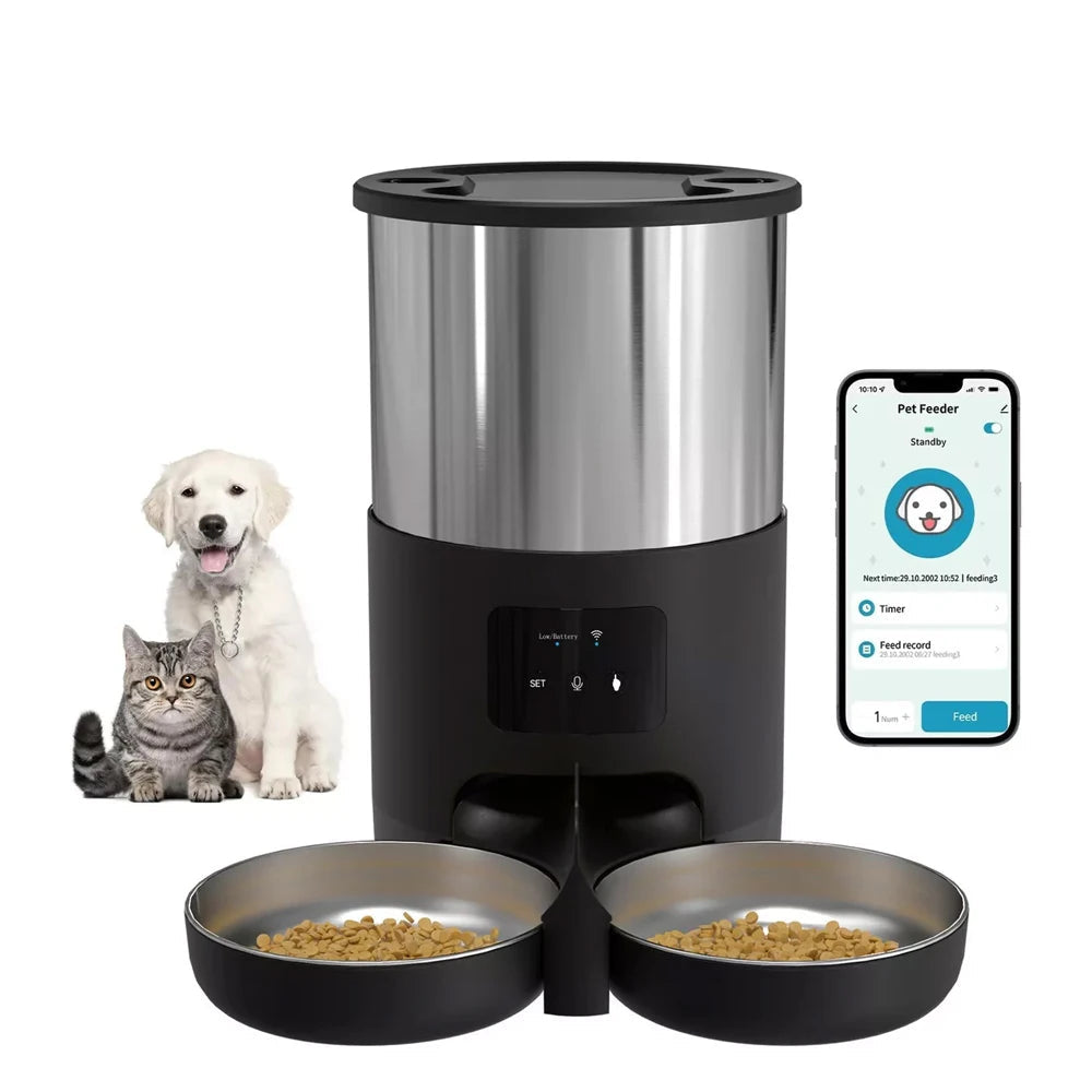 Distributeur Automatique de Croquettes WiFi pour Animaux de Compagnie avec Gamelle en Inox – 4,5 L