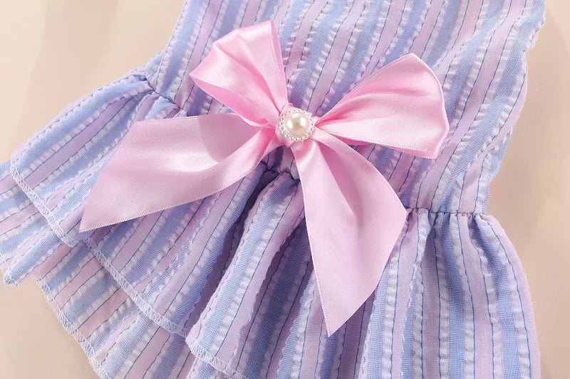 Robe de princesse pour animaux de compagnie - Robe d'été à rayures et carreaux avec nœud pour chats et petits chiens
