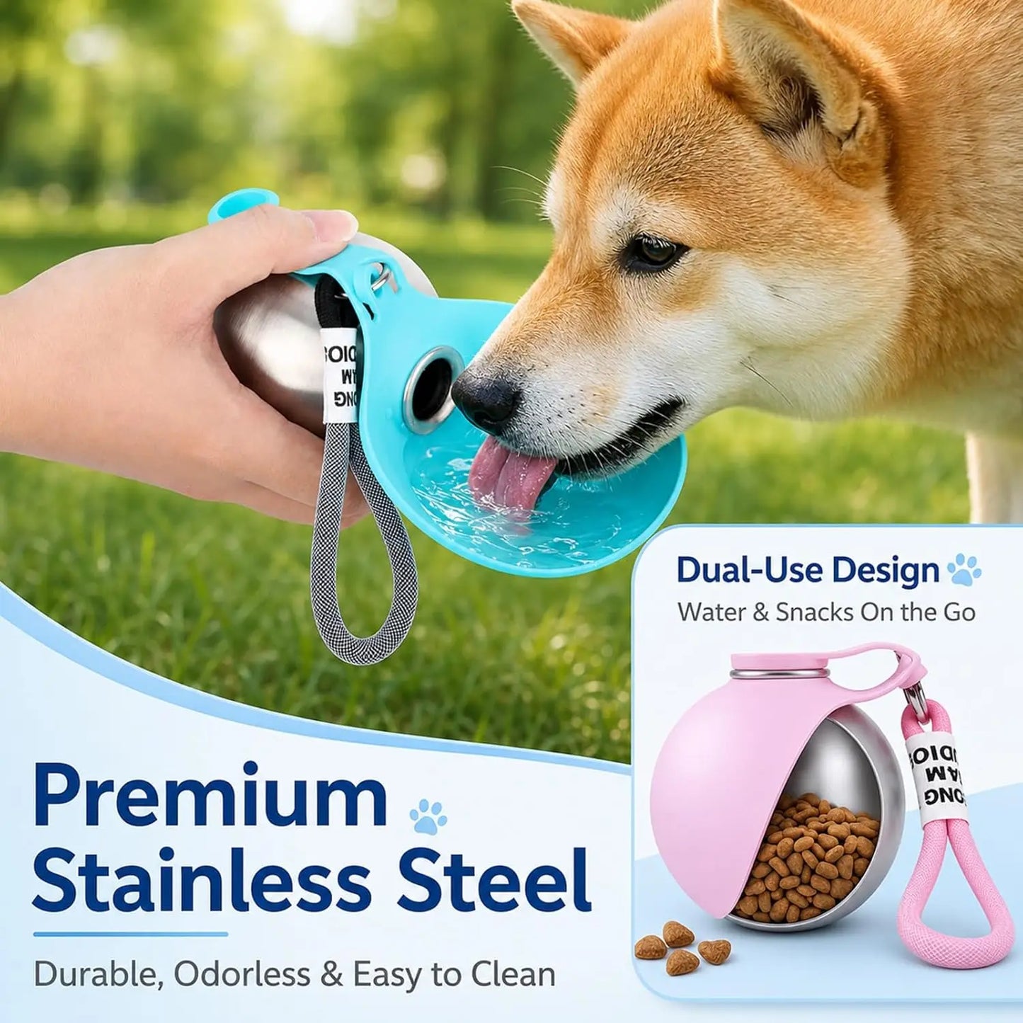 2-in-1 Stainless Steel Dog Water Bottle with Foldable Bowl