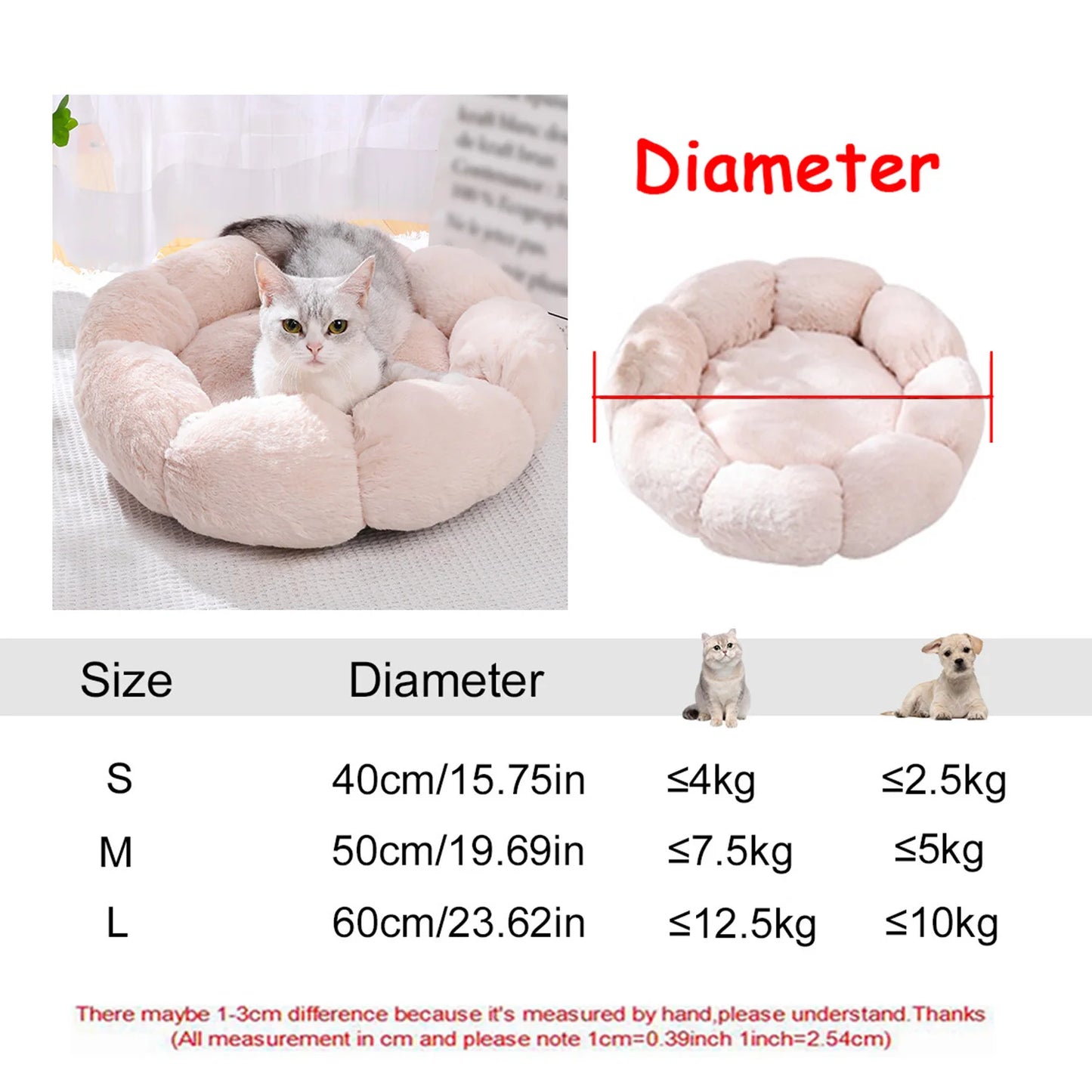 Round Plush Pet Bed — Washable Warm Basket for Dogs & Cats, 6 Sizes