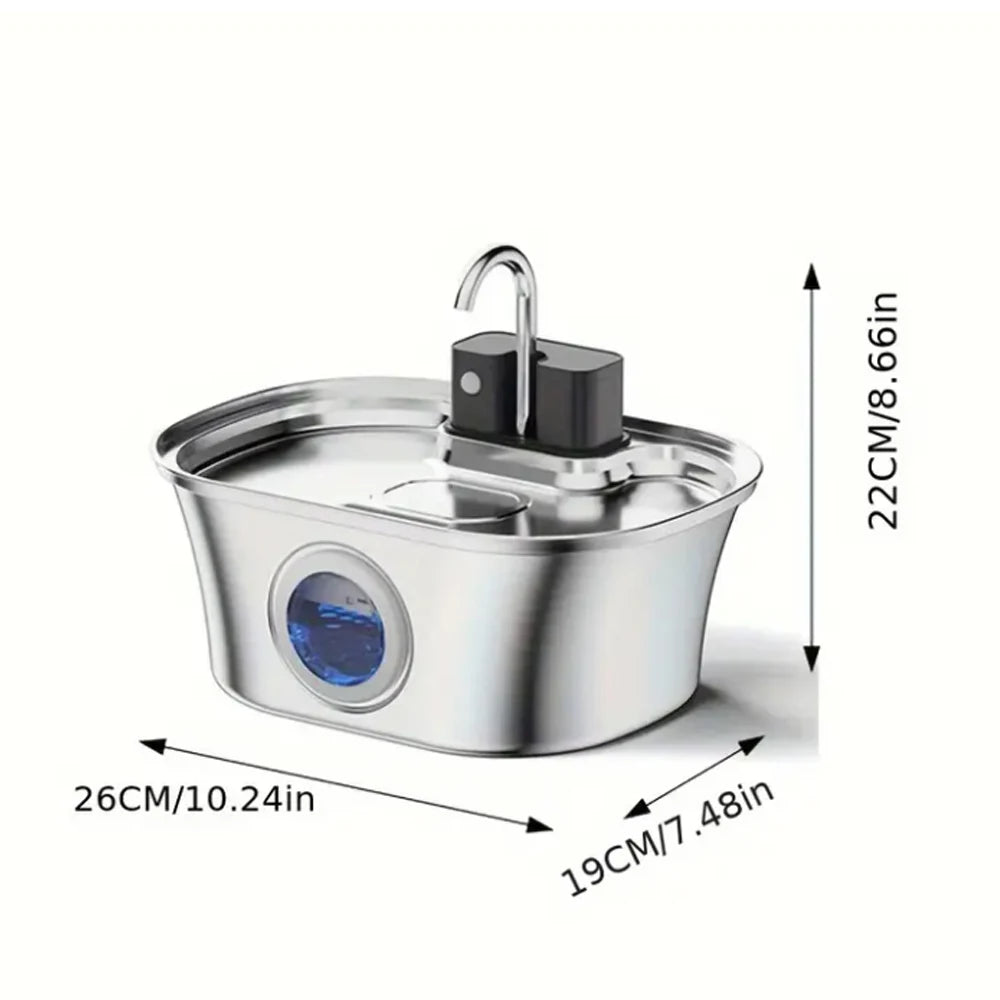 Fontaine à eau pour animaux de compagnie en acier inoxydable de 3,2 L – Recharge sans fil avec fenêtre de niveau d'eau