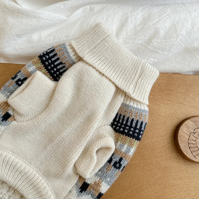 Vintage Print Dog Sweater for Small & Medium Dogs — Navy, Blue & Beige