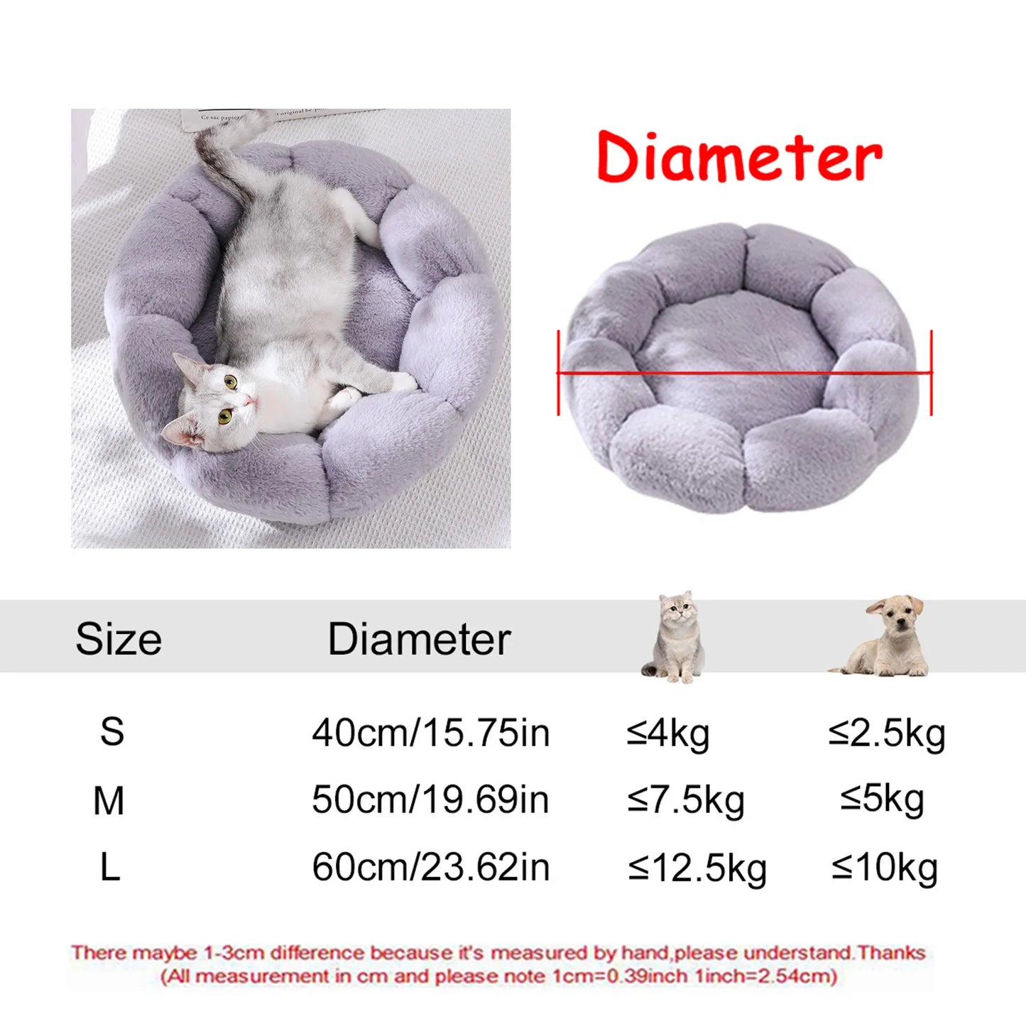 Round Plush Pet Bed — Washable Warm Basket for Dogs & Cats, 6 Sizes