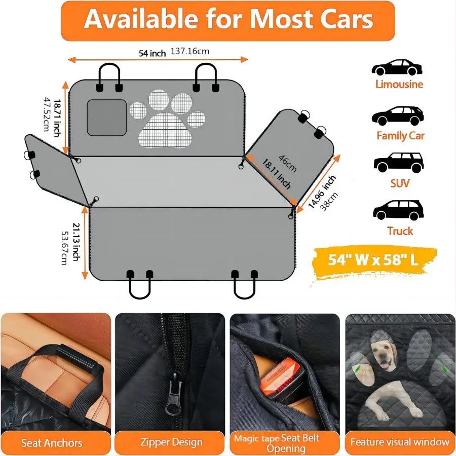 Housse de siège de voiture hamac pour chien | 100 % étanche avec fenêtre en filet, fermeture éclair latérale et protection de portière