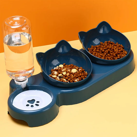 3-in-1 Pet Bowl Set with Gravity Water Feeder - Tilted Design with Ear Shape for Neck Protection