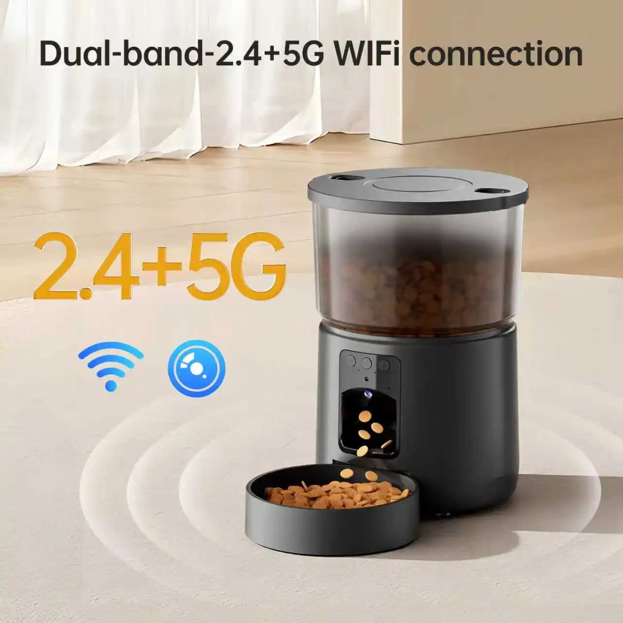 Distributeur automatique de croquettes avec caméra, mangeoire intelligente WiFi double bande pour chats et chiens, conception anti-blocage + interphone vocal