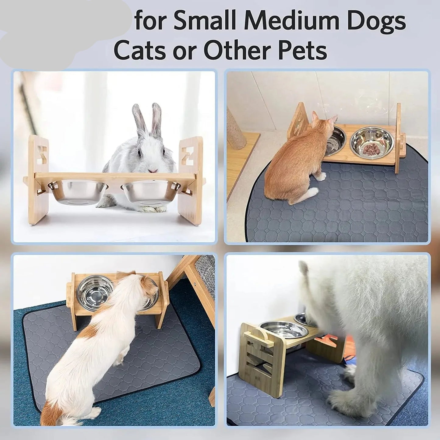 Bamboo Elevated Dog Bowl Stand with 6-Level Adjustable Height — 2 Stainless Steel Bowls