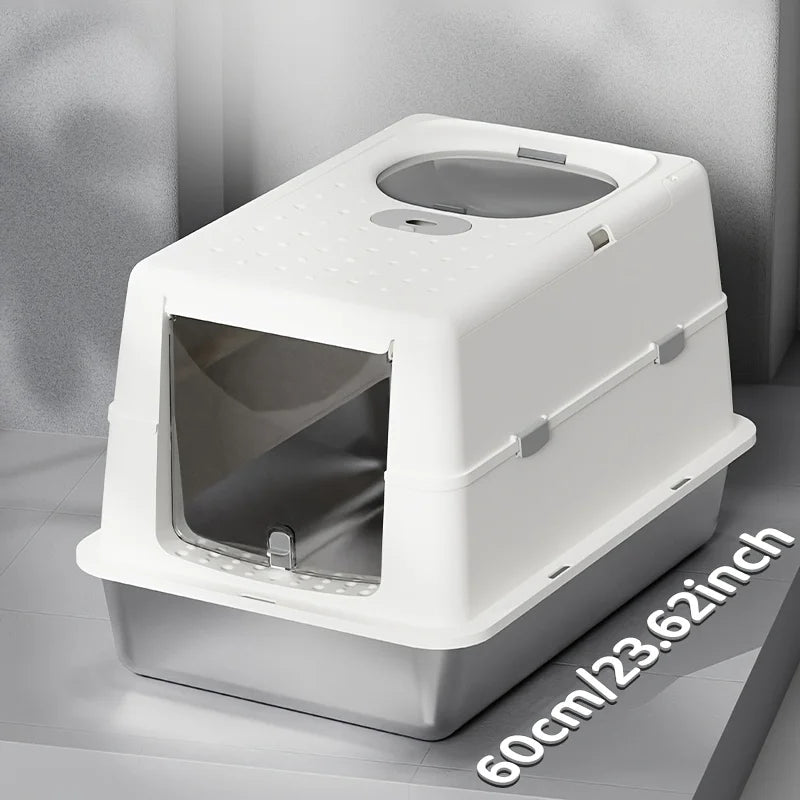 Enclosed Stainless Steel Cat Litter Box with Flip Cover & Non-Slip Mat
