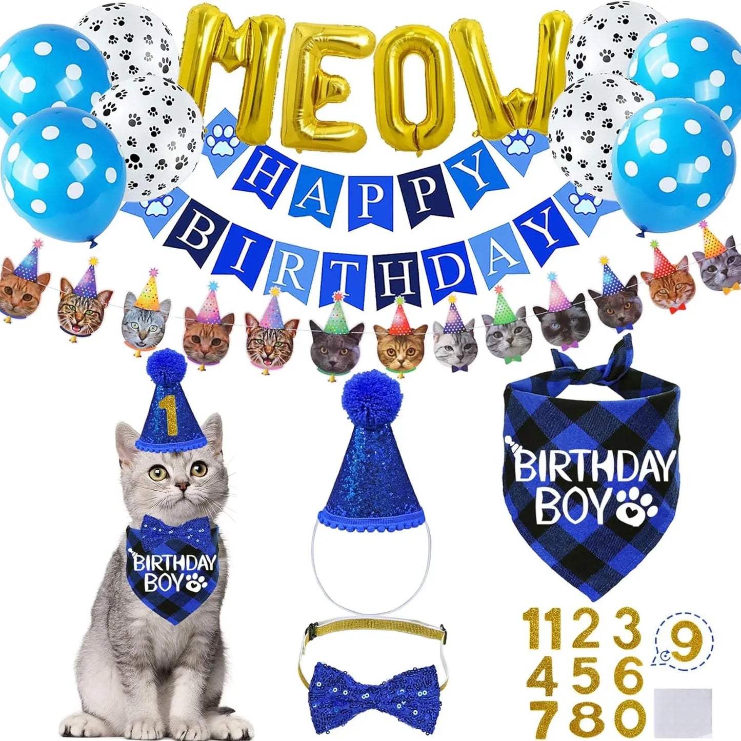 Fournitures d'anniversaire pour chat - Ensemble chapeau, bandana et nœud papillon