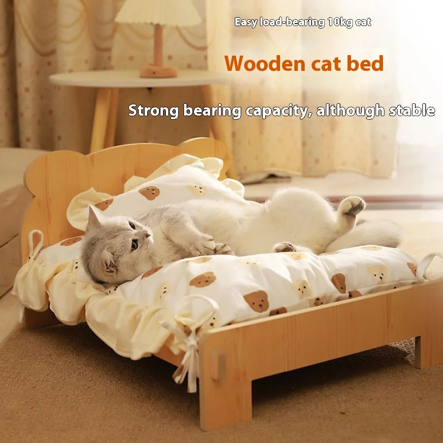 Solid Wood Pet Bed with Removable Washable Mat – All-Season Cat & Dog House