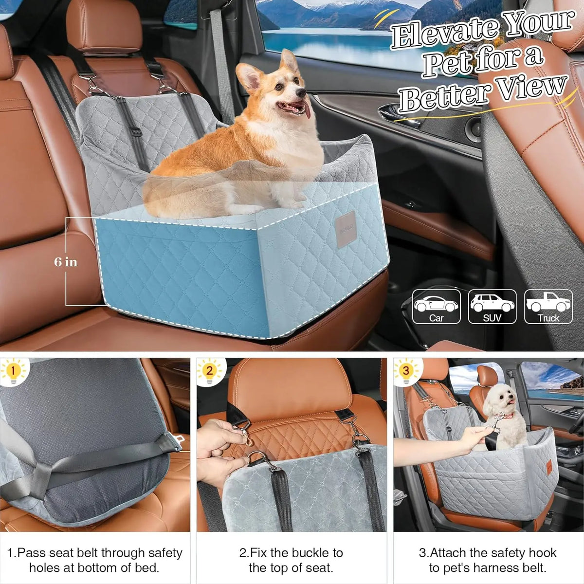 Elevated Memory Foam Dog Car Booster Seat with Storage Pockets