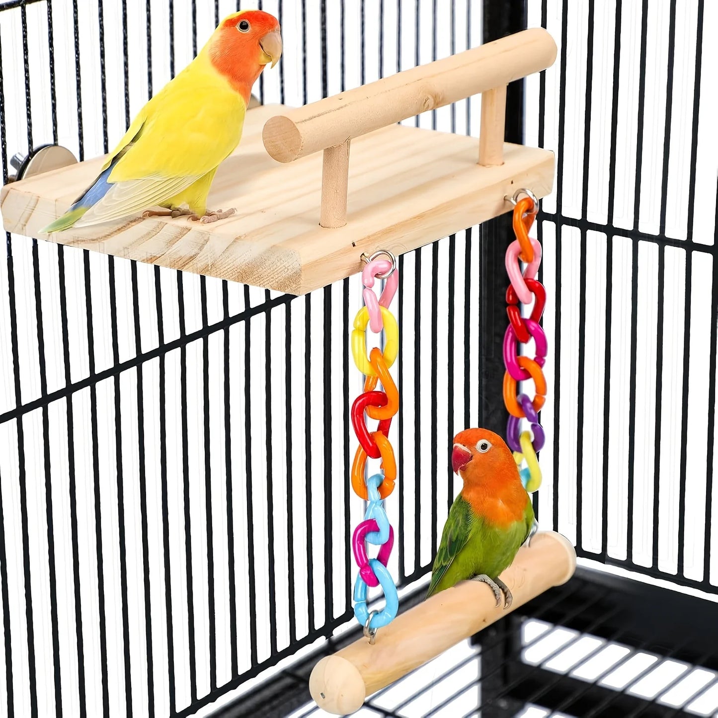 Plateforme de cage à oiseaux en bois avec balançoire et pont de corde