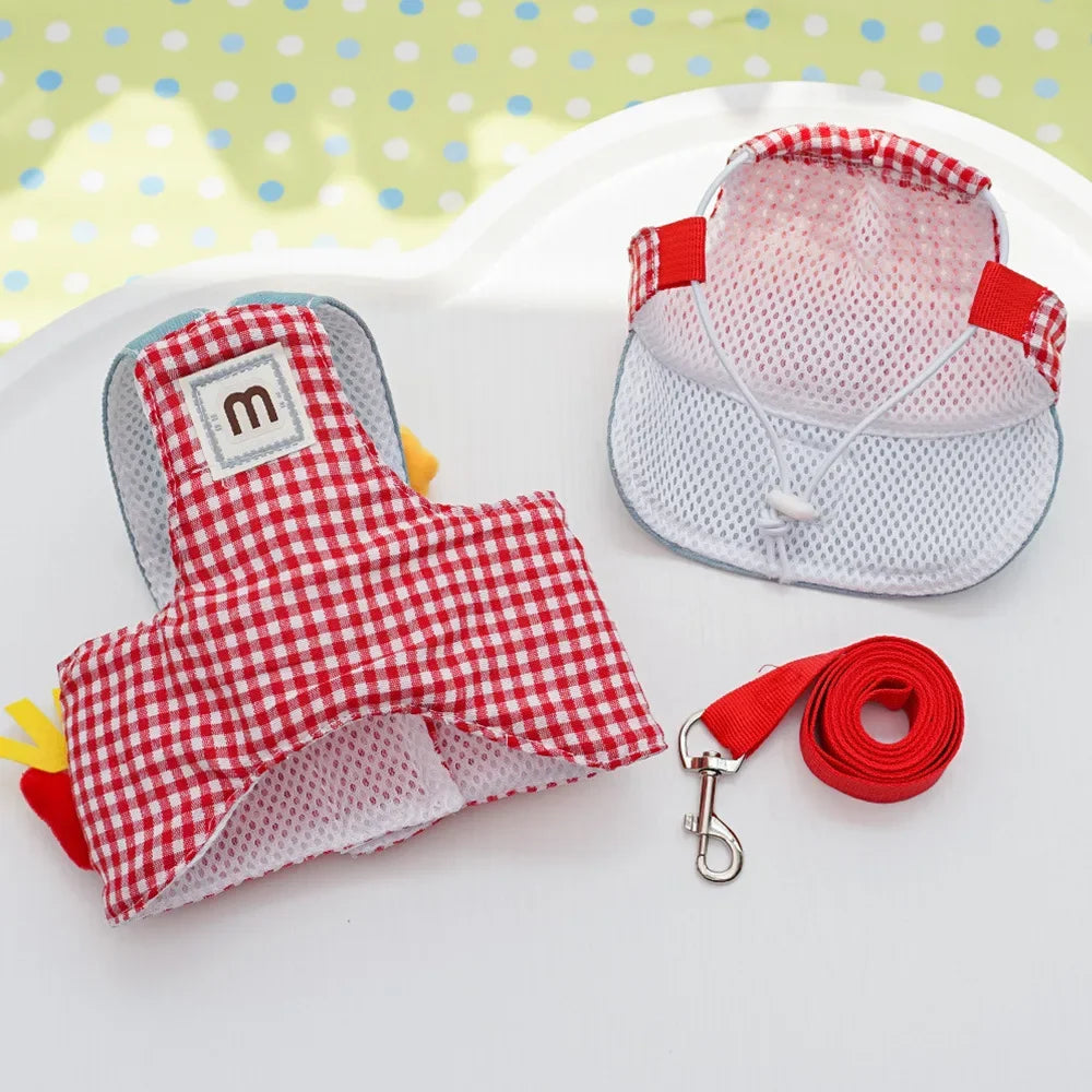 3-Piece Cartoon Pet Harness, Leash & Sun Hat Set – Vest Harness Costume for Cats & Small Dogs