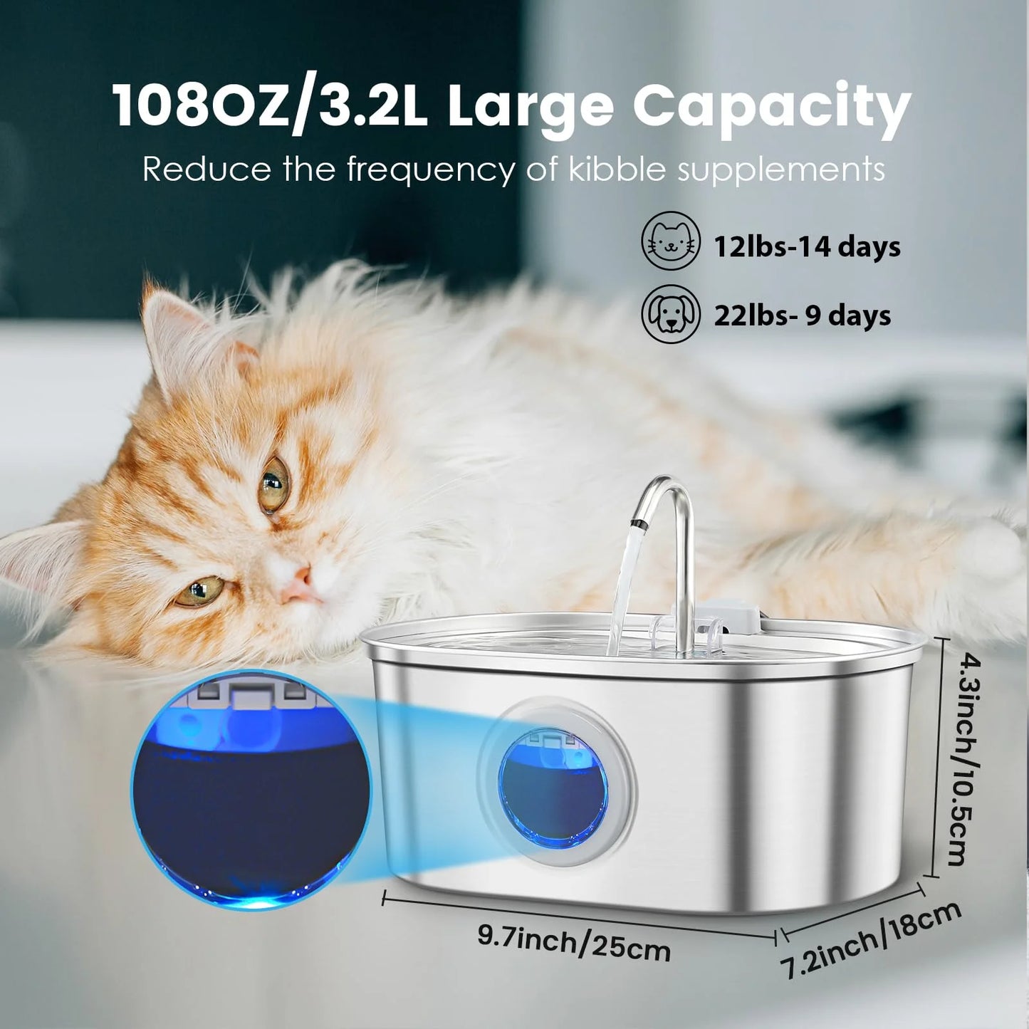 3.2L Stainless Steel Pet Water Fountain with Visible Water Level Window