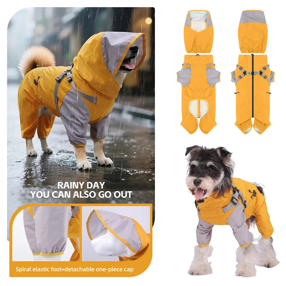 Waterproof Dog Raincoat with Harness & Detachable Hood