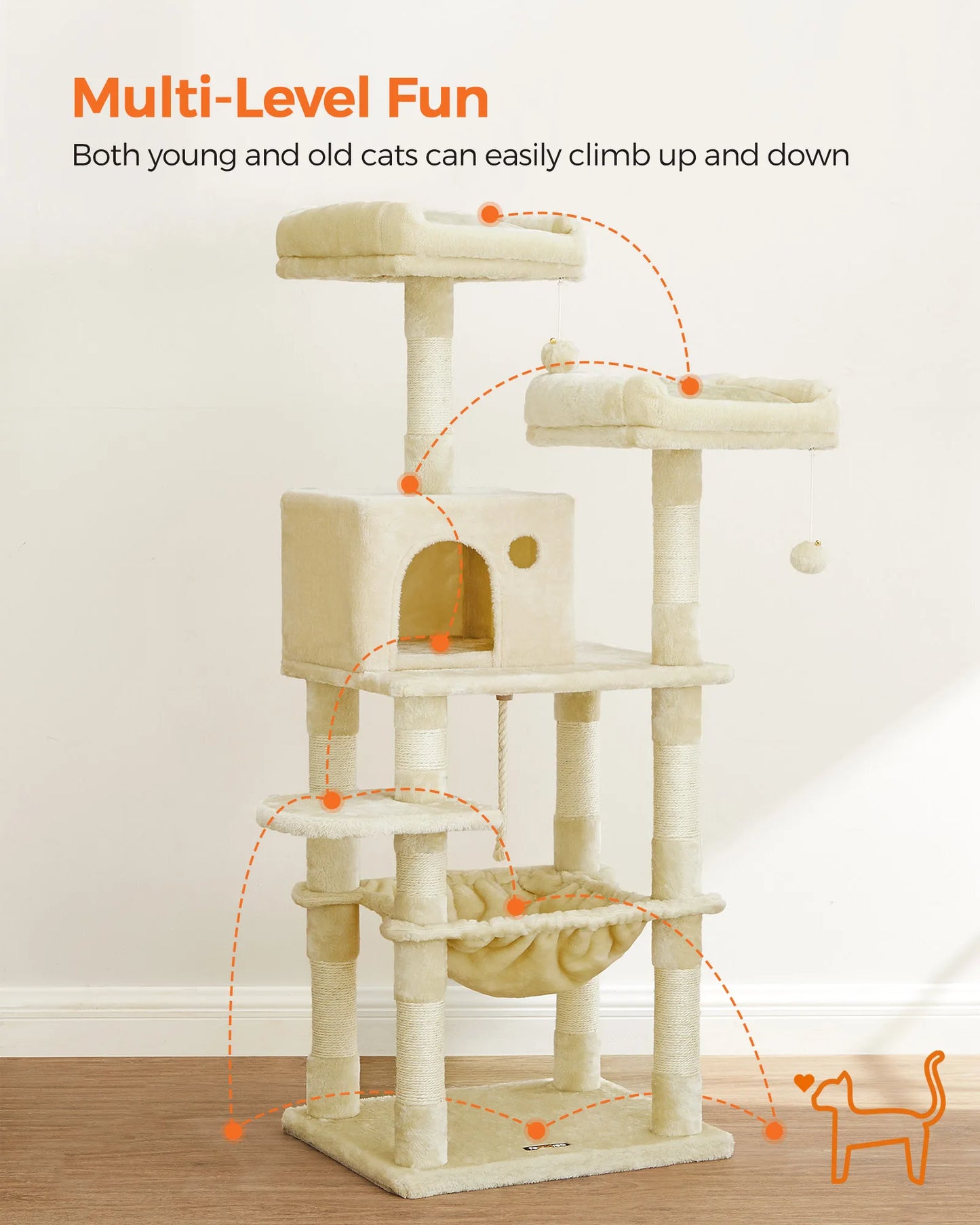 Multi-Level Cat Tree 143cm - Stable Tower with 2 Plush Perches