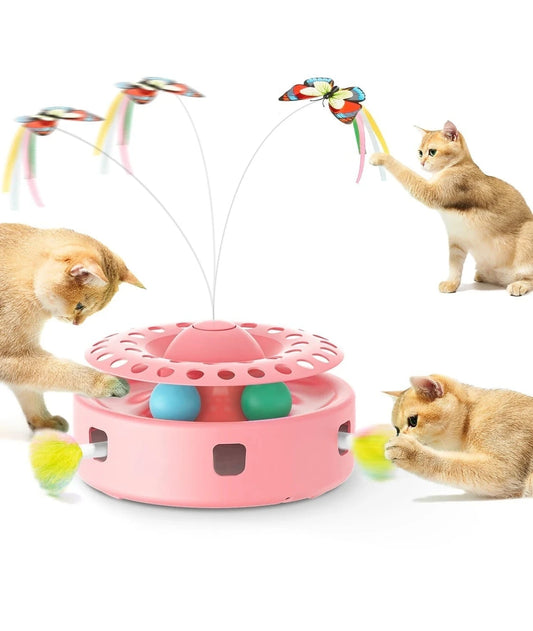 3-in-1 Interactive Cat Toy with Fluttering Butterfly, Feather & Track Balls