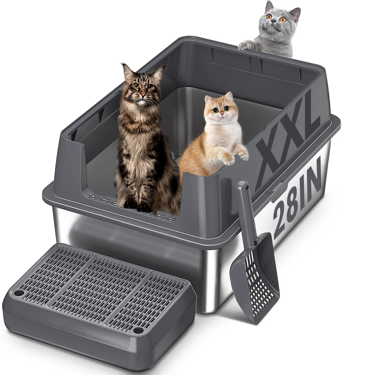 XXXL Stainless Steel Cat Litter Box with Lid — High Sides for Large & Big Cats