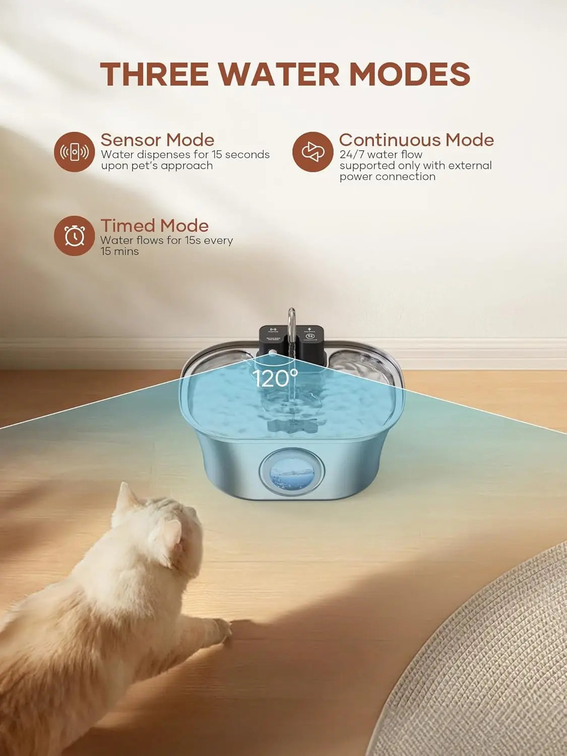 Fontaine à eau pour animaux de compagnie en acier inoxydable de 3,2 L – Recharge sans fil avec fenêtre de niveau d'eau