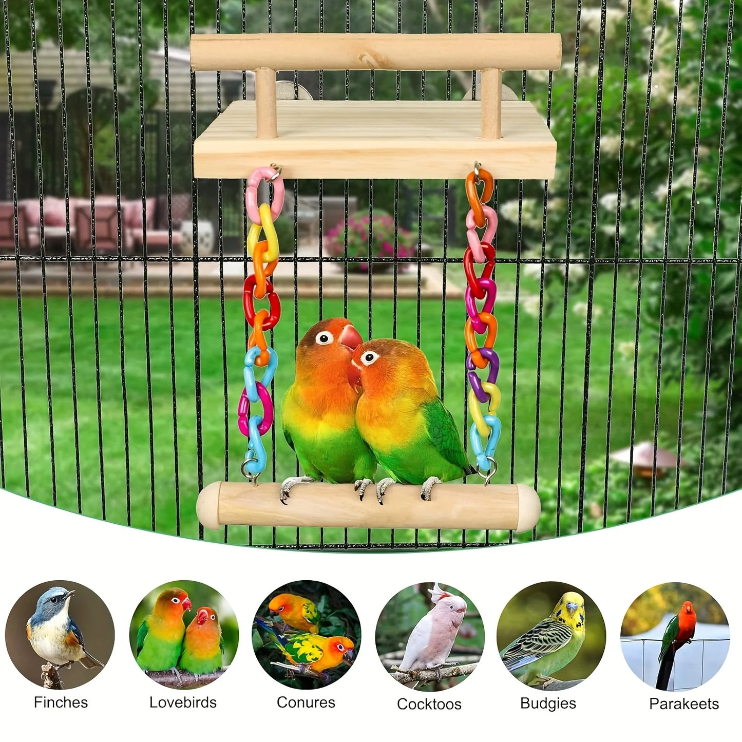 Plateforme de cage à oiseaux en bois avec balançoire et pont de corde