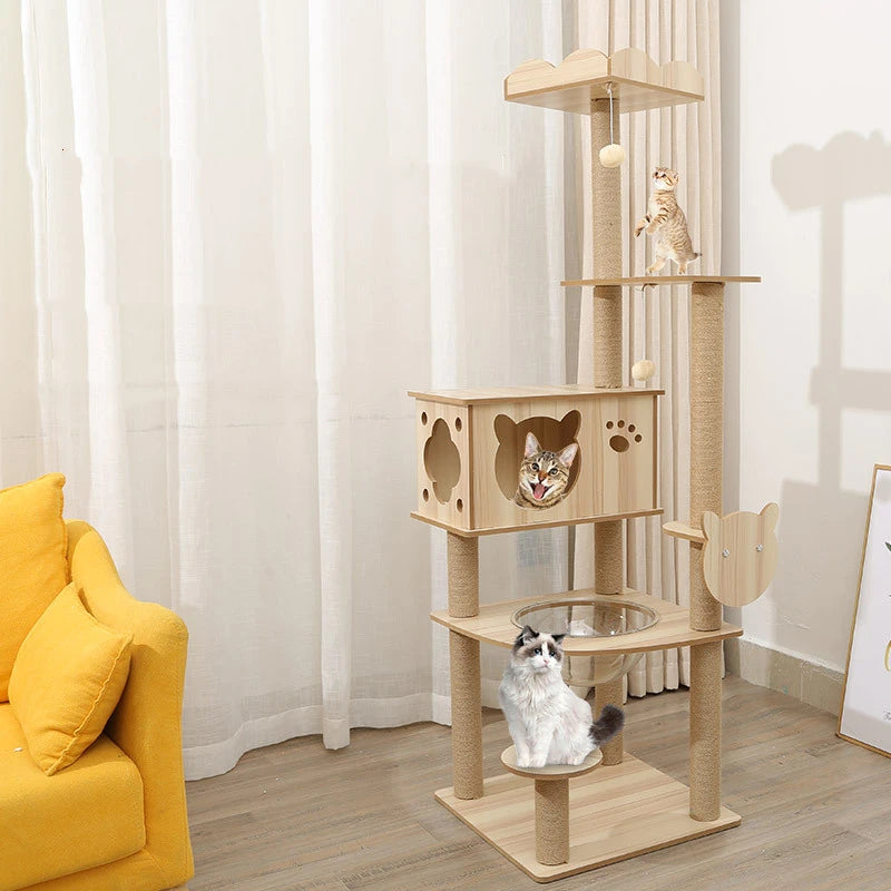 Multi-Level Wooden Cat Tree with Sisal Scratching Posts