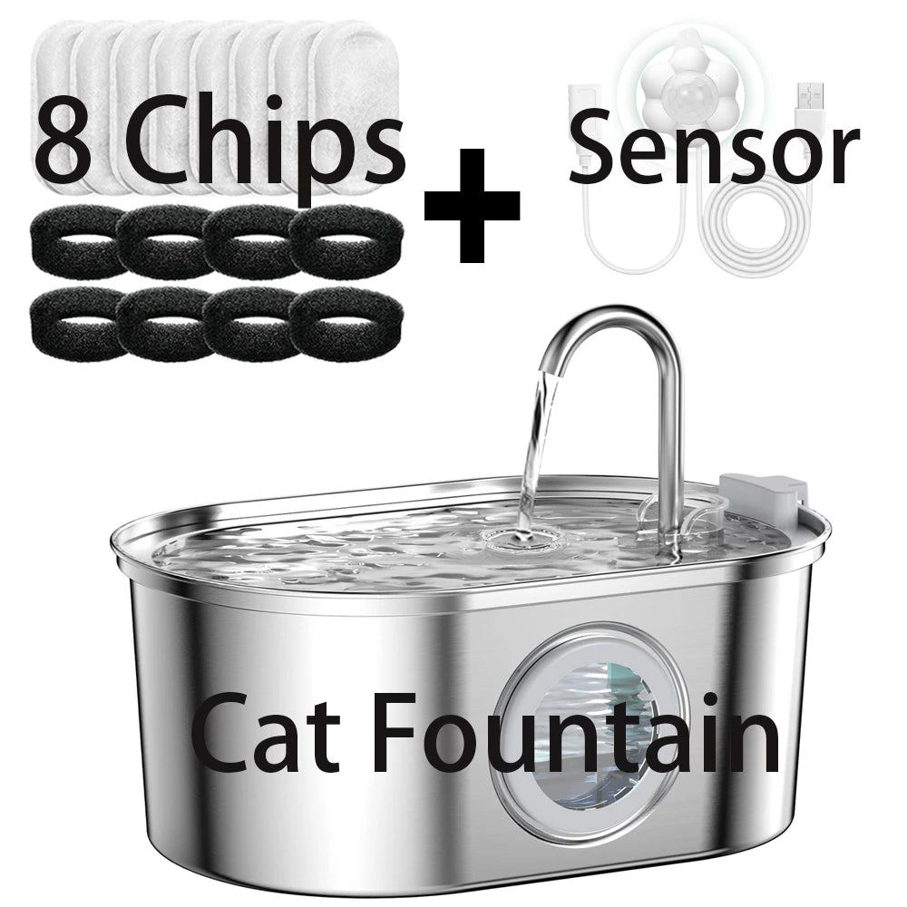 Transparent Window Cat Water Dispenser with sensor 3.2L/108oz Super Quiet& Pets Auto Filter Stainless Steel Cats Water Fountain