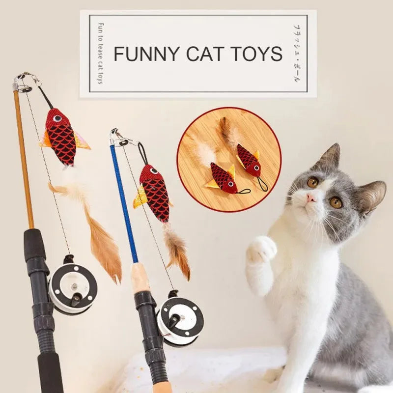 Canne à pêche rétractable pour chat - Baguette télescopique avec plume et leurre de poisson