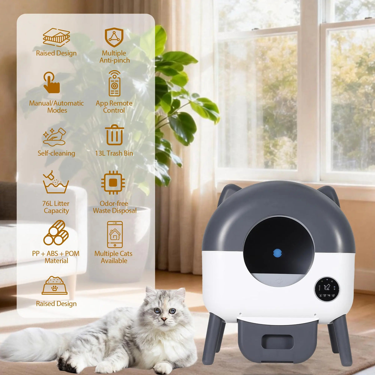 76L Self-Cleaning Cat Litter Box | 15-Day Waste Bin | ≤35dB Quiet | LED Night Light | App Control