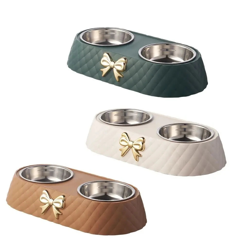 Bow-Tie Double Pet Bowl – Stainless Steel Inserts with PP Stand, for Cats & Dogs