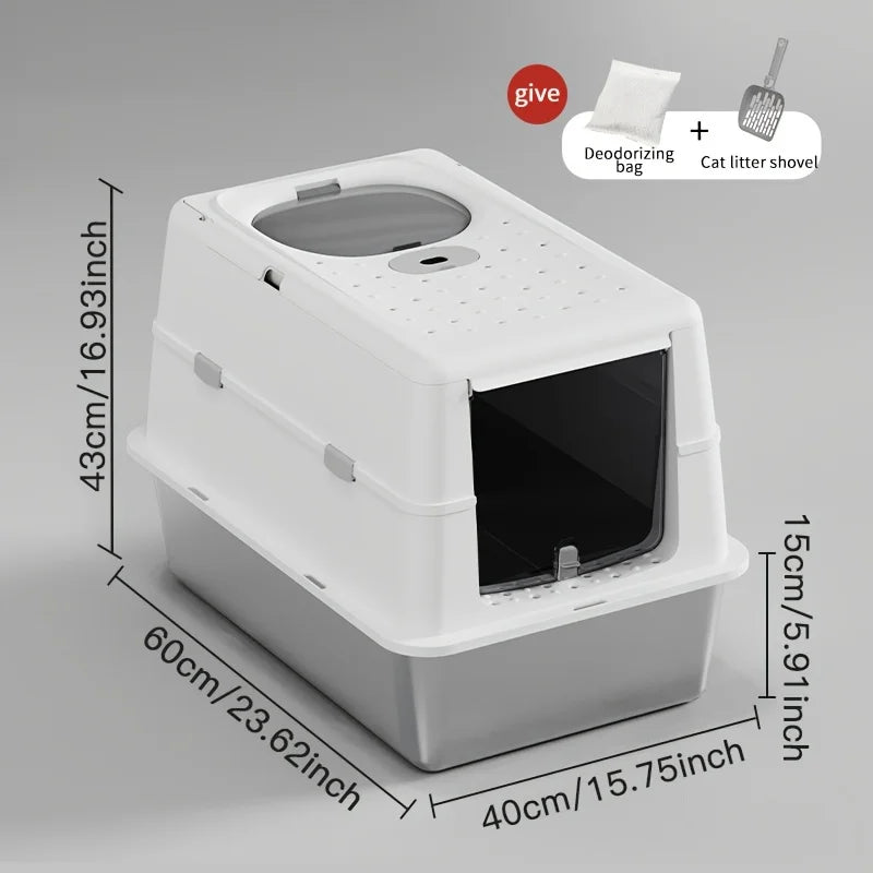 Enclosed Stainless Steel Cat Litter Box with Flip Cover & Non-Slip Mat
