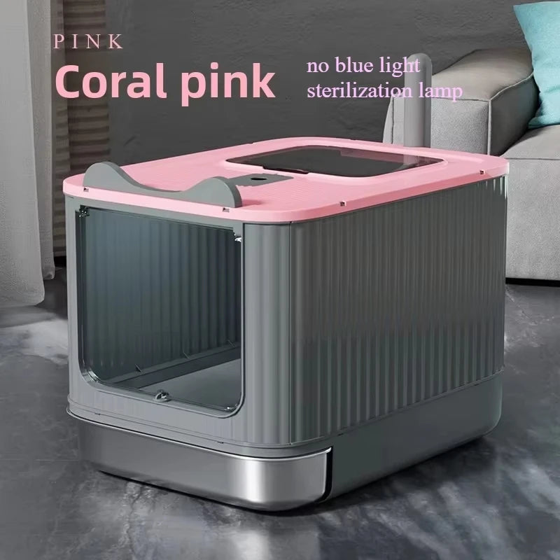 XXL Stainless Steel Enclosed Self-Cleaning Cat Litter Box — Anti-Splash Drawer in White, Yellow & Pink